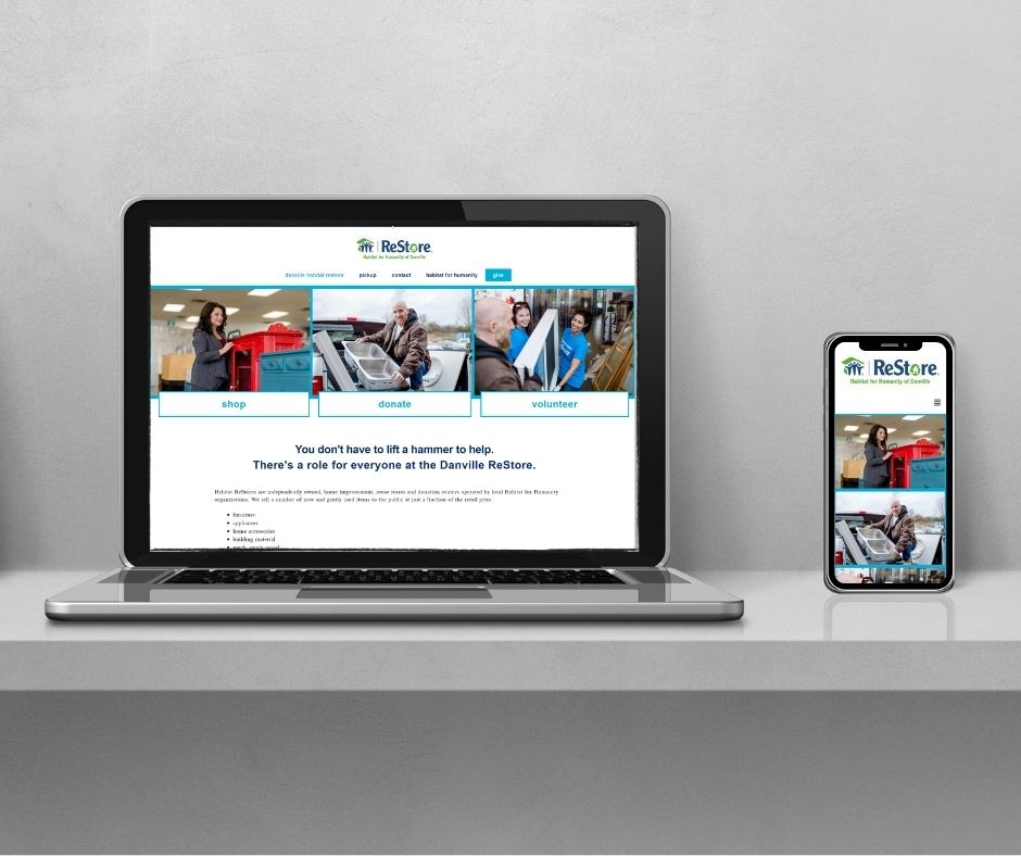 Laptop and cell phone displaying a custom web design for Habitat ReStore.